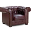 Vintage oxblood red leather Chesterfield armchair with scroll arms