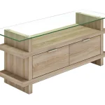 Croce TV unit grey oak with glass top Modern grey oak TV stand with tempered glass surface Eco friendly TV unit in grey oak finish Compact TV cabinet with stainless steel glass supports Contemporary grey oak media unit for living room