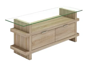 Croce TV unit grey oak with glass top Modern grey oak TV stand with tempered glass surface Eco friendly TV unit in grey oak finish Compact TV cabinet with stainless steel glass supports Contemporary grey oak media unit for living room