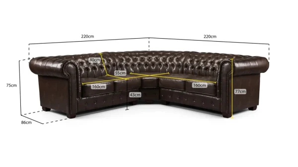 Chesterfield Sofa Antique Brown Large Corner leather design Antique brown Chesterfield corner sofa with button tufting Classic British Chesterfield large corner sofa Luxury Chesterfield leather corner sofa in living room Traditional Chesterfield sofa with scroll arms and studs