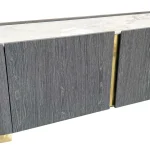 Florence TV unit grey oak with curved design Grey oak TV stand with sintered stone top Modern curved TV unit with champagne gold details Luxury TV cabinet with glass shelf storage Contemporary Florence TV unit for modern living room