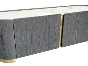 Florence TV unit grey oak with curved design Grey oak TV stand with sintered stone top Modern curved TV unit with champagne gold details Luxury TV cabinet with glass shelf storage Contemporary Florence TV unit for modern living room