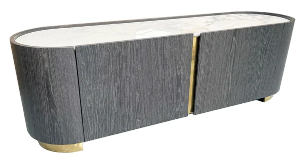 Florence TV unit grey oak with curved design Grey oak TV stand with sintered stone top Modern curved TV unit with champagne gold details Luxury TV cabinet with glass shelf storage Contemporary Florence TV unit for modern living room
