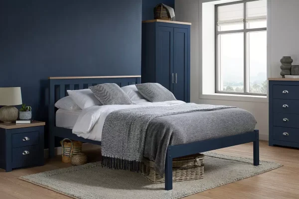 Farmhouse style navy and oak bedroom wardrobe