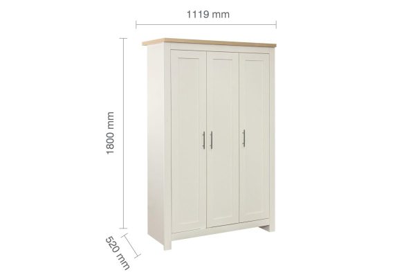 Highgate three door wardrobe with oak finish Farmhouse style Highgate wardrobe with silver handles Highgate bedroom wardrobe with hanging rail storage Large farmhouse wardrobe for modern bedroom Highgate wardrobe available in cream grey and navy oak