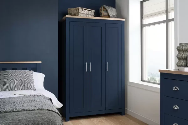 Farmhouse style navy and oak bedroom wardrobe