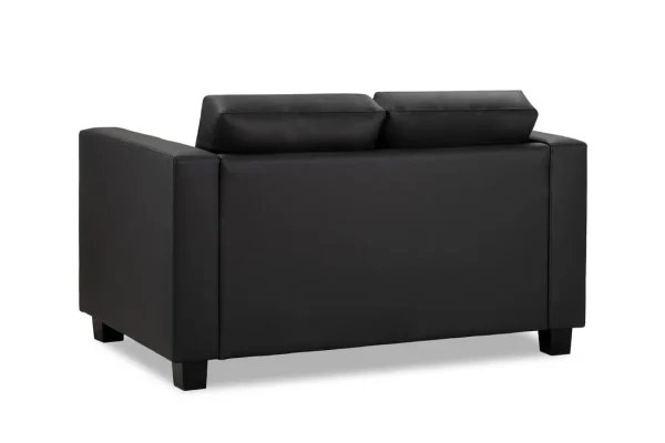 Front view of the Jerry Sofa Black 2 Seater featuring squared arms, button-tufted back cushions, and a sleek black faux leather finish.