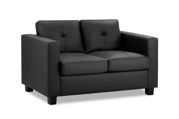 Compact black 2-seater Jerry sofa, ideal for small apartments, with a contemporary design and dark wooden feet
