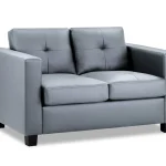 Compact grey 2-seater Jerry sofa with leather-look upholstery, dark wooden feet, and a contemporary design