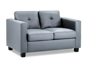 Compact grey 2-seater Jerry sofa with leather-look upholstery, dark wooden feet, and a contemporary design