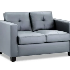 Compact grey 2-seater Jerry sofa with leather-look upholstery, dark wooden feet, and a contemporary design