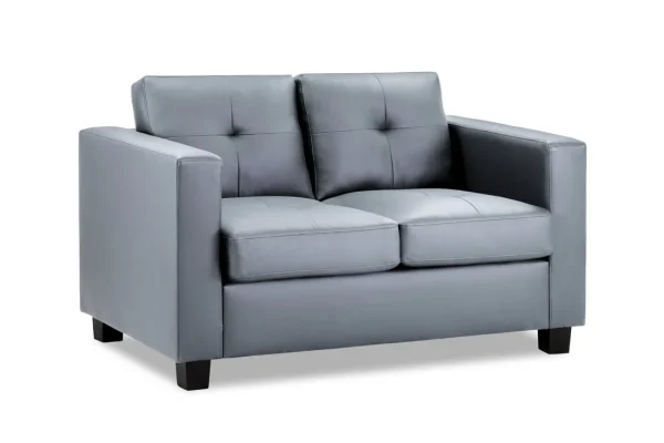 Compact grey 2-seater Jerry sofa with leather-look upholstery, dark wooden feet, and a contemporary design