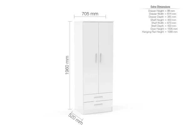 Lynx 2 door combi wardrobe white high gloss finish Modern white wardrobe with drawers and hanging rail Lynx wardrobe white with silver handles High gloss white combi wardrobe bedroom storage Contemporary two door wardrobe white design Birlea Lynx 2 door wardrobe white