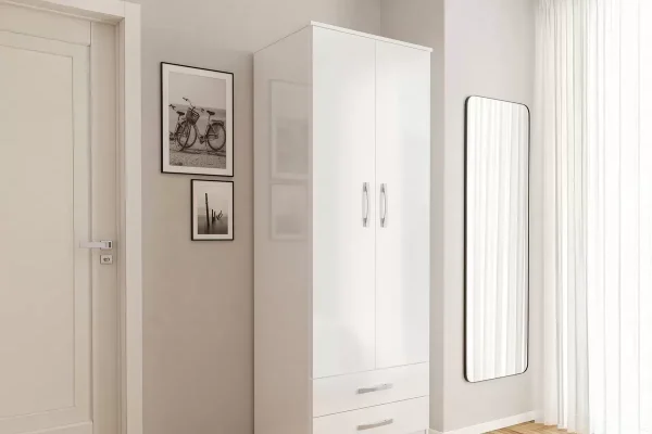 Lynx 2 door combi wardrobe white high gloss finish Modern white wardrobe with drawers and hanging rail Lynx wardrobe white with silver handles High gloss white combi wardrobe bedroom storage Contemporary two door wardrobe white design Birlea Lynx 2 door wardrobe white Lynx wardrobe white with silver handles