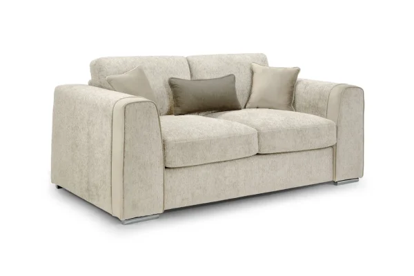 Compact beige two-seater Naples sofa with clean lines and contemporary styling, featuring metal feet accents.