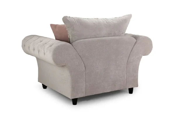 Beige Chesterfield armchair upholstered in soft fabric with rolled arms Classic Roma Chesterfield armchair in beige fabric upholster