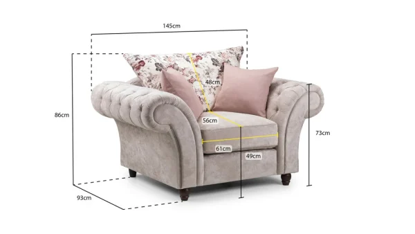 Beige Chesterfield armchair upholstered in soft fabric with rolled arms Classic Roma Chesterfield armchair in beige fabric upholster