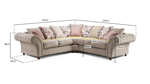 Roma Chesterfield Sofa Beige Large Corner in modern living room Beige Chesterfield large corner sofa with button tufted arms Roma Chesterfield fabric corner sofa beige Modern Chesterfield sofa with scroll arms and beige upholstery Large corner Chesterfield sofa in soft beige fabric