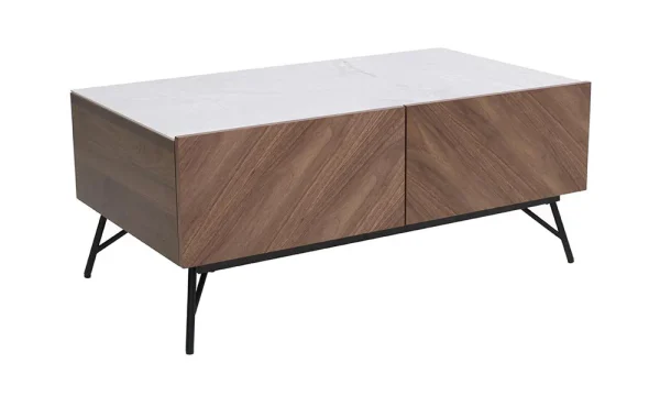 Sofia TV unit with white ceramic top and walnut veneer finish Modern walnut TV unit with internal storage drawers Contemporary TV cabinet with ceramic stone top for living room Sofia TV stand with storage for modern UK homes Minimalist TV unit with walnut finish and white ceramic top