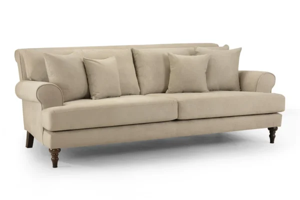 Large beige family sofa with classic English styling