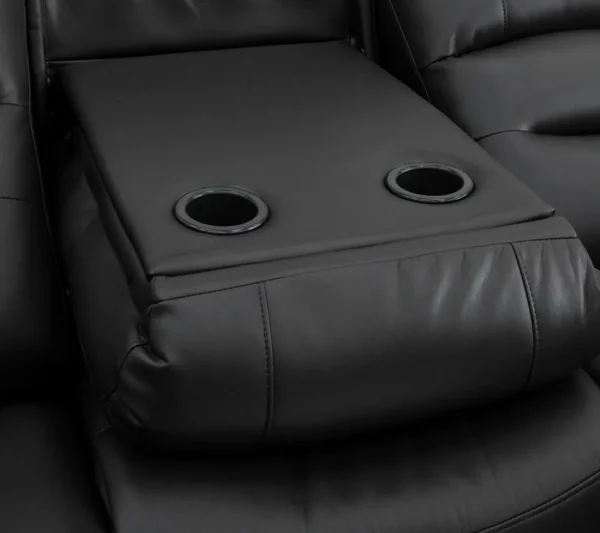 Close-up of the drop-down console table and cup holders on Alva Electric Recliner Sofa.