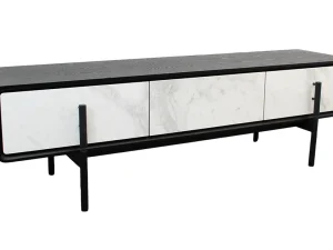 Oslo TV unit with marble effect front and black metal legs Industrial TV unit with ceramic marble effect and black ash veneer Modern Oslo TV stand for contemporary living rooms Marble effect TV cabinet with black powder-coated metal legs Oslo TV unit in industrial loft-style interior