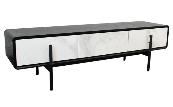 Oslo TV unit with marble effect front and black metal legs Industrial TV unit with ceramic marble effect and black ash veneer Modern Oslo TV stand for contemporary living rooms Marble effect TV cabinet with black powder-coated metal legs Oslo TV unit in industrial loft-style interior